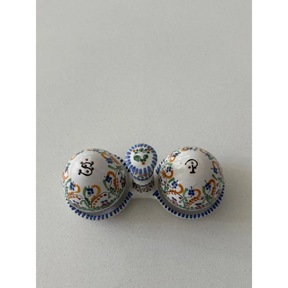 Vtg Sevilla Cruz Hand Painted Ceramic Salt and Pepper Shakers with Caddy Spain